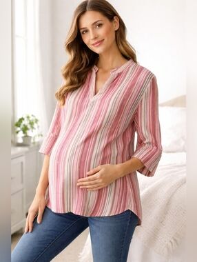 Old Navy Maternity Top L Pink Striped Cotton Boho Tunic Blouse 3/4 Sleeve Lightw